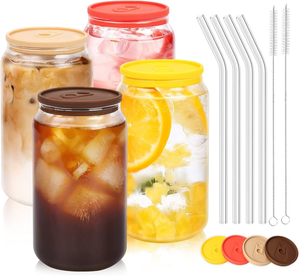 Glass Cups with Silicone Lids and Straws, 4pcs Set 16oz Beer Can Shaped Drinking Glasses, Cute Ic... | Amazon (US)