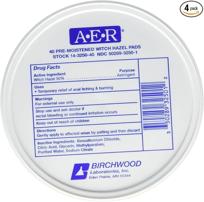 BIRCHWOOD Laboratories A-E-R Pre-Moistened Witch Hazel Pads, 160 Count (Pack of 4) | Amazon (US)