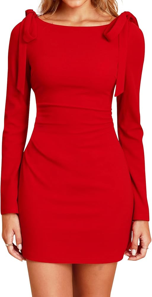 Women's Long Sleeve Mini Dress Boat Neck Tie Shoulder Fall Winter Ruched Elegant Short Cocktail P... | Amazon (US)