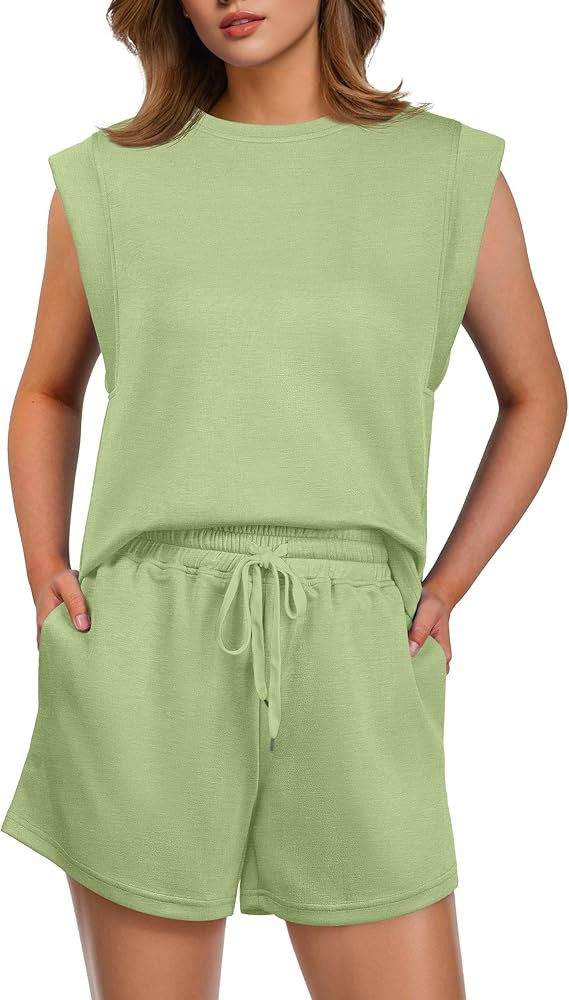 GRECERELLE 2026 Women's Summer 2 Piece Outfits Round Neck Cap Sleeve Top with Pocket Short Sets | Amazon (US)