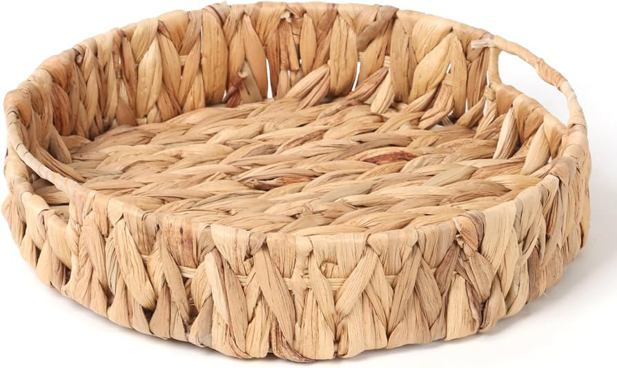 Moosky Round Wicker Woven Tray, Rattan Serving Trays with Handles, Water Hyacinth Basket for Home... | Amazon (US)