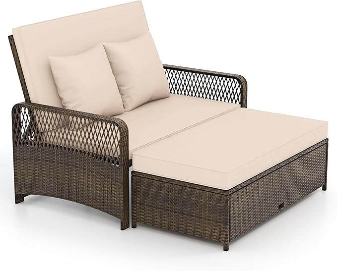 Tangkula Patio Rattan Daybed with 4-Level Adjustable Backrest, 2-Person Outdoor Wicker Loveseat w... | Amazon (US)