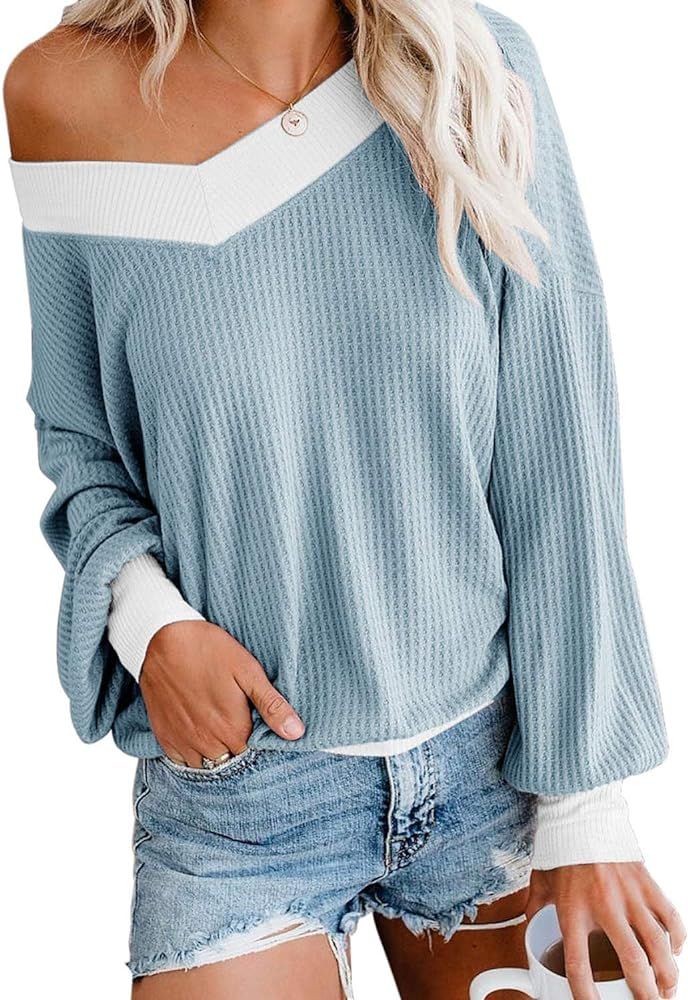 Women's V Neck Long Sleeve Waffle Knit Top Off Shoulder Oversized Pullover Sweater | Amazon (US)