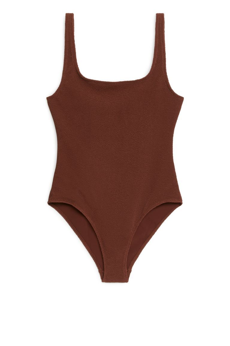 Crinkle Square Neck Swimsuit - Brown - Ladies | H&M GB | H&M (UK, MY, IN, SG, PH, TW, HK)