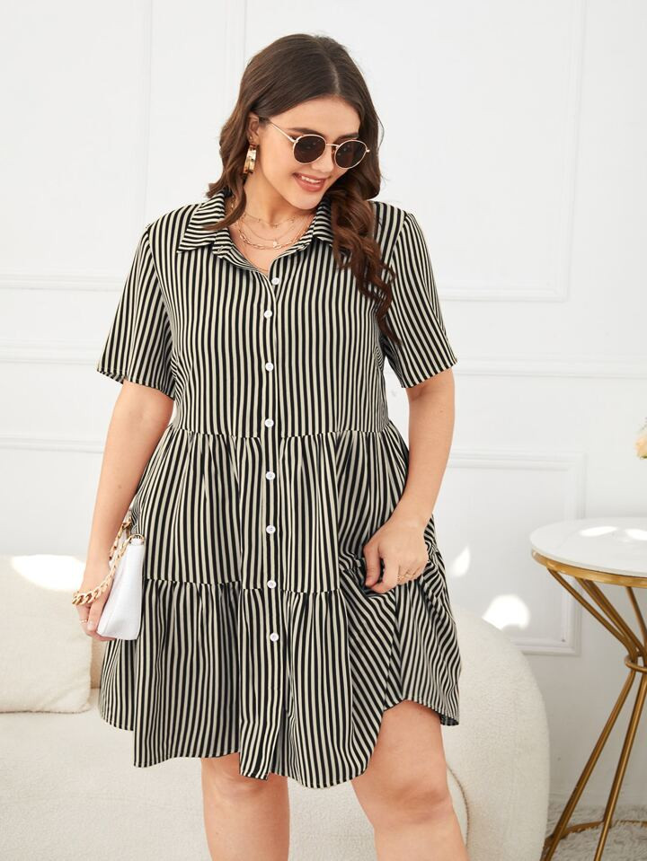 SHEIN VCAY Plus Vertical Striped Button Front Ruffle Hem Smock Dress | SHEIN