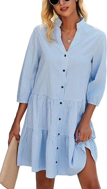 Theenkoln Women’s Summer V Neck Casual Button Down Floral 3/4 Sleeves Loose Short Shirt Dress | Amazon (US)