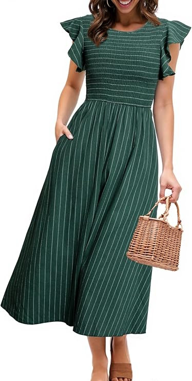 Simplee Womens Striped Midi Summer Dress Linen Smocked Flutter Short Sleeve Dress Flowy Casual Dr... | Amazon (US)
