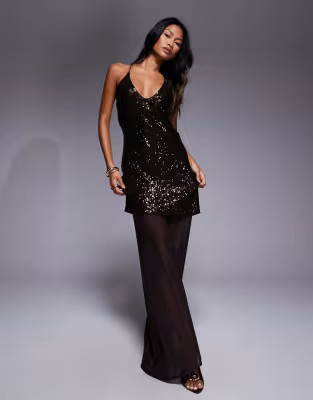 ASOS DESIGN plunge cami maxi dress in sequin with sheer mesh skirt in chocolate | ASOS (Global)