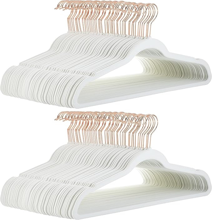 Amazon Basics Slim, Velvet, Non-Slip Suit Clothes Hangers, Ivory/Rose Gold - Pack of 100 | Amazon (US)