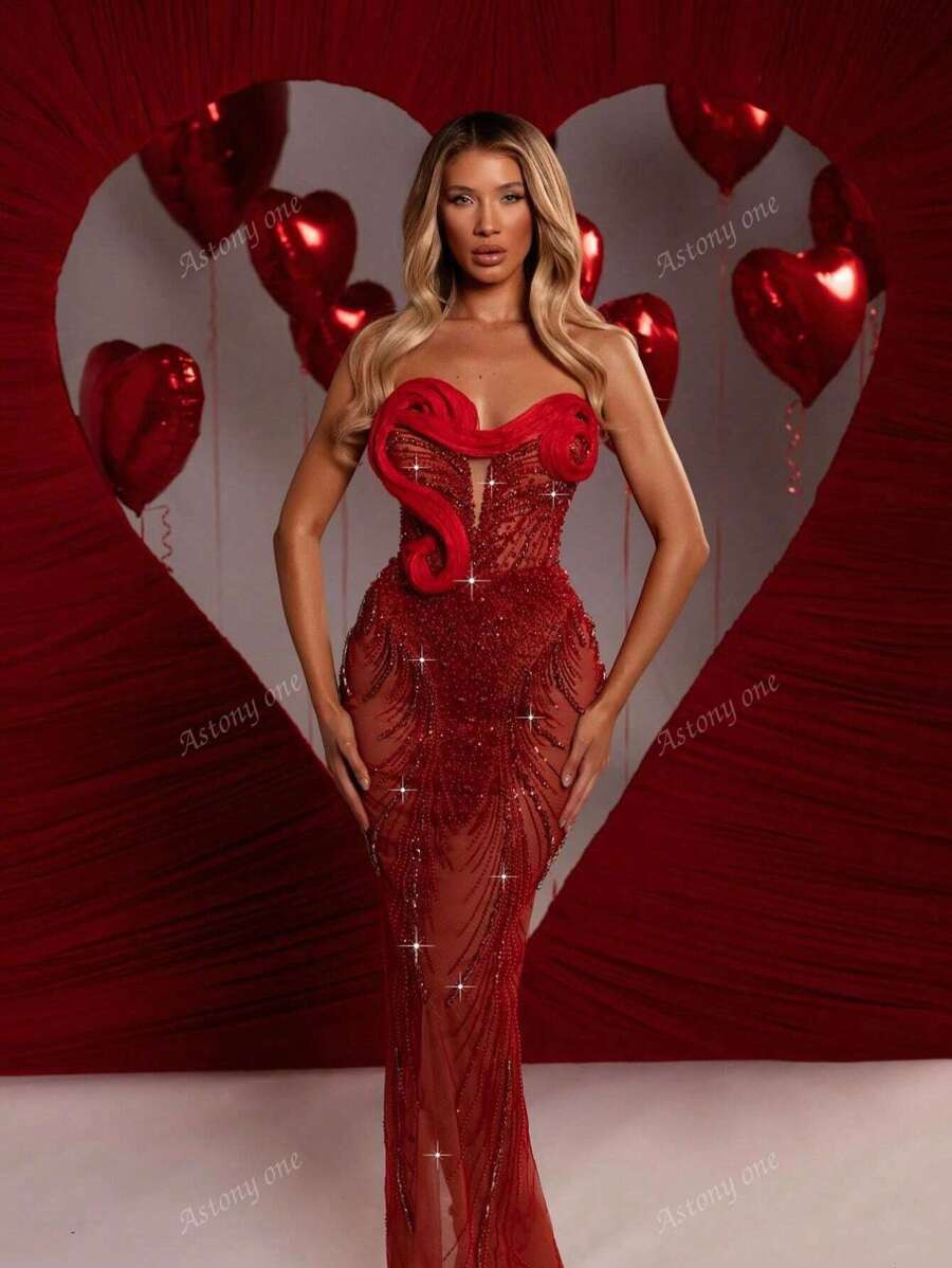 New Design Elegant Fitted Women's Heavy Embroidery Strapless Formal Dress, Spring/Summer | SHEIN