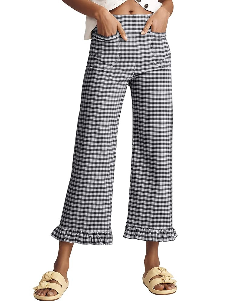 Women's Plaid Flare Pants Summer Casual Gingham Elastic Waist Ruffle Cropped Hem Y2K Loose Fit Tr... | Amazon (US)