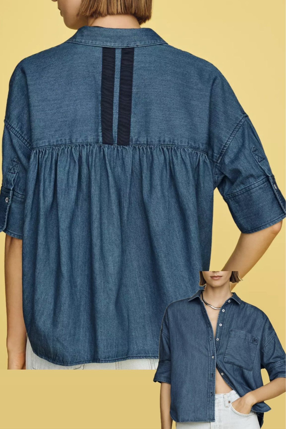 The shirt we love is now available in denim. I wear XS 

#LTKMothersDay #LTKSaleAlert #LTKOver40