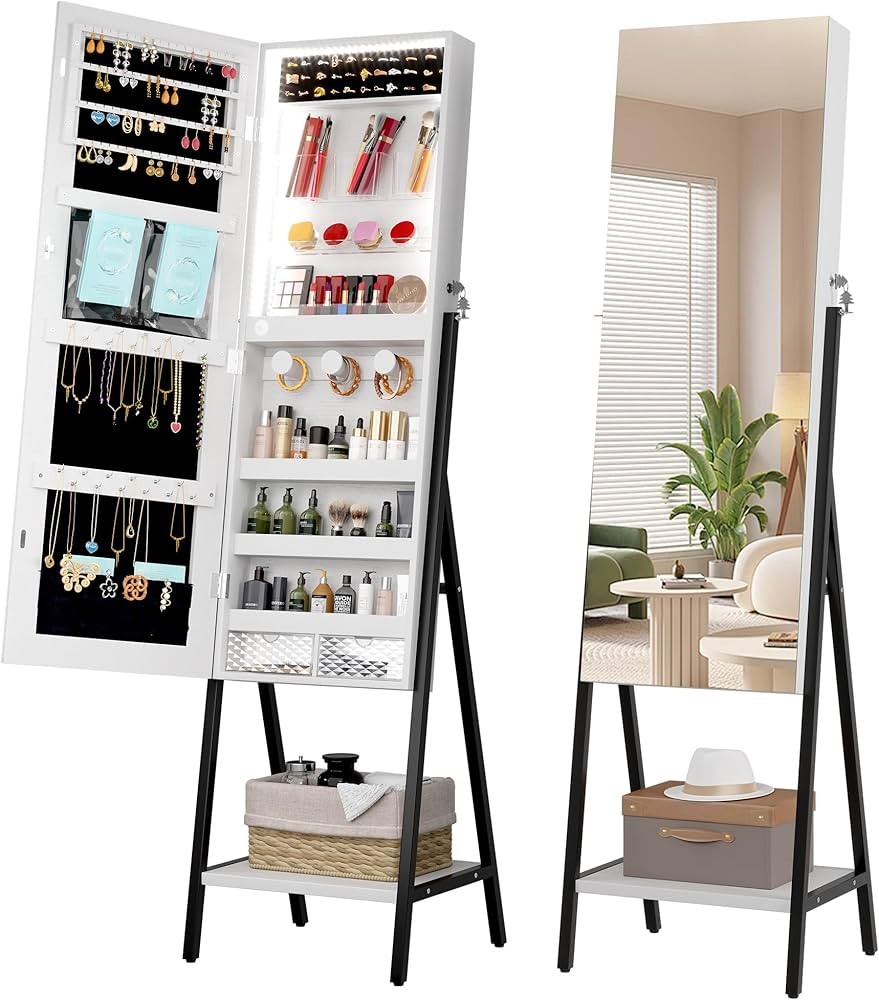 LVSOMT 3 LEDs Mirror Jewelry Cabinet, 60.4" Jewelry Mirror Full Length, Standing Lockable Jewelry... | Amazon (US)