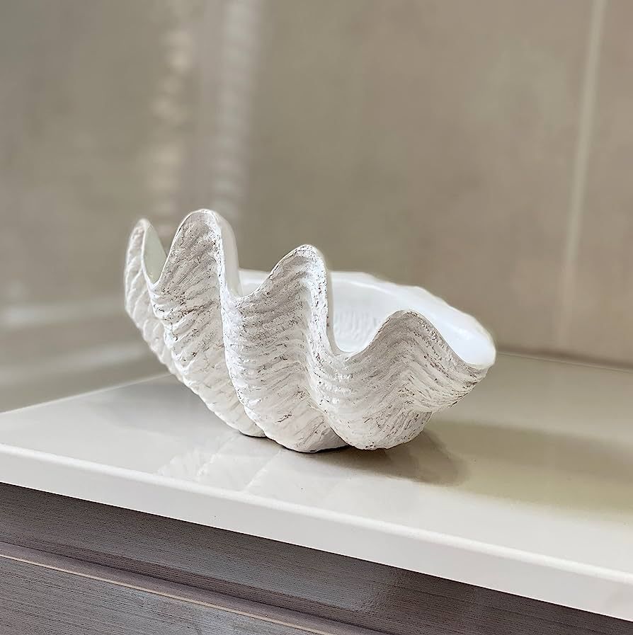 Small Clam Shell Sculpture - 8.75Lx 5.6Wx 4.33H Handcrafted White Resin Replica - Seashell for Ho... | Amazon (US)