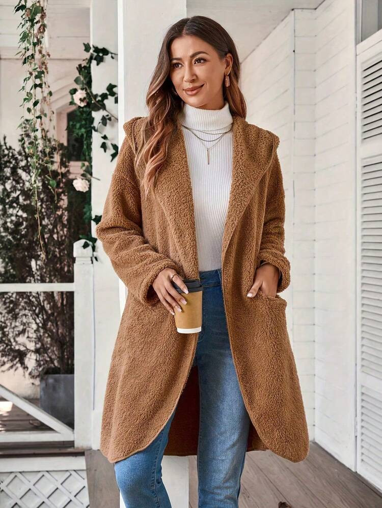 Solid Color Fluffy Pocket Casual Minimalist Loose Warm Fleece Lined Hooded Zip-Up Cardigan, Suita... | SHEIN