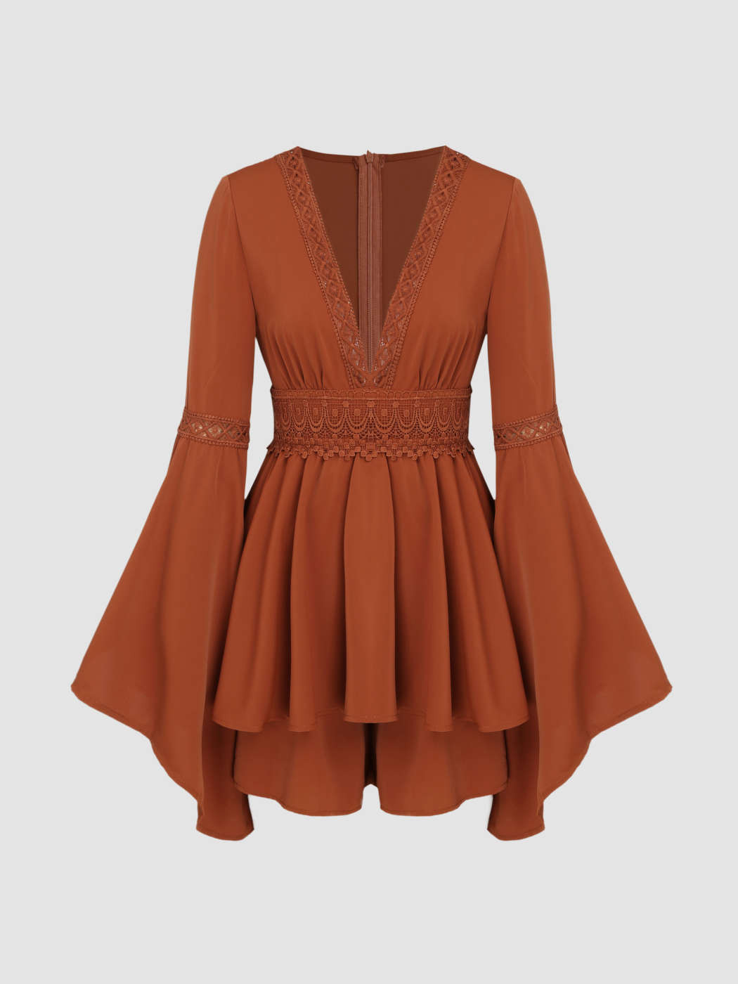 Western Outfits Woven Solid Lace V-neck Bell Sleeve Playsuit For Daily Casual Vacation Holiday | Cider