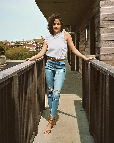 High Waisted Flexx Medium Wash Ripped Skinny Jeans | Express