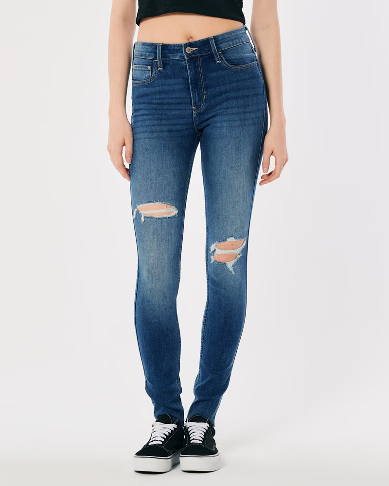 Women's High-Rise Ripped Medium Wash Super Skinny Jeans | Women's Bottoms | HollisterCo.com | Hollister (US)