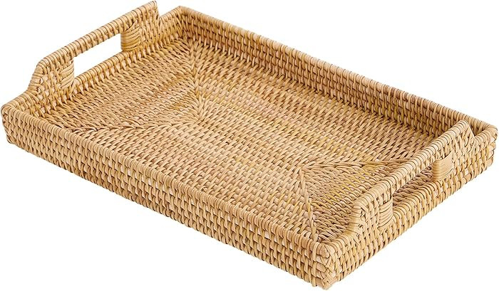 Rattan Rectangular Serving Tray with Handles, Hand-Woven Wicker Decorative Tray for Coffee Table,... | Amazon (US)