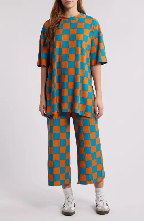 Dressed in Lala Lex Ribbed Oversize T-Shirt & High Waist Crop Pants Set in Blue/Orange at Nordstrom, Size Large | Nordstrom