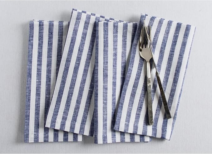 Solino Home Linen Napkins Set of 4-100% Pure Linen Amalfi Stripe Navy and White Cloth Dinner Napk... | Amazon (US)