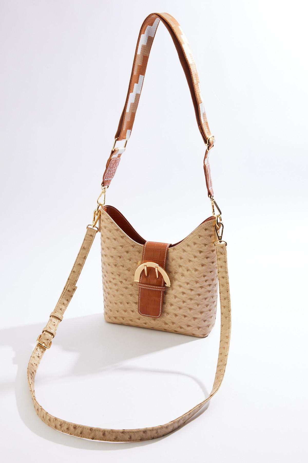 Buckle Embellished Textured Curved Bucket Crossbody | Cato Fashions