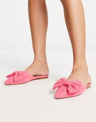 ASOS DESIGN Lass oversized bow pointed flat mules in pink tweed | ASOS (Global)