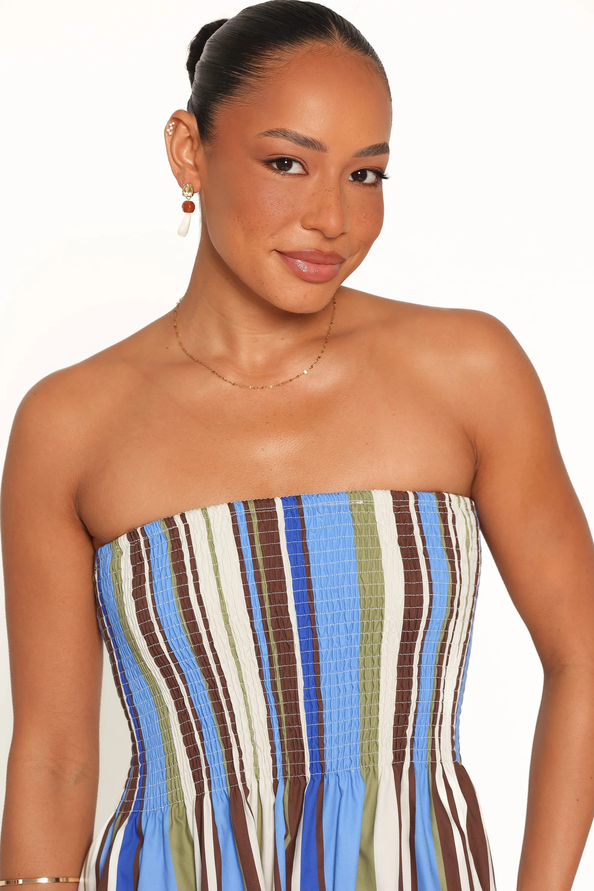 Nella Strapless Maxi Dress - Blue/Khaki Stripe | Petal & Pup (US)