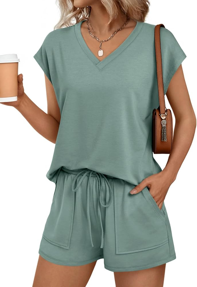 AUTOMET Women 2 Piece V Neck Matching Lounge Sets Clothing Spring Cap Sleeve Shirt and Shorts 202... | Amazon (US)