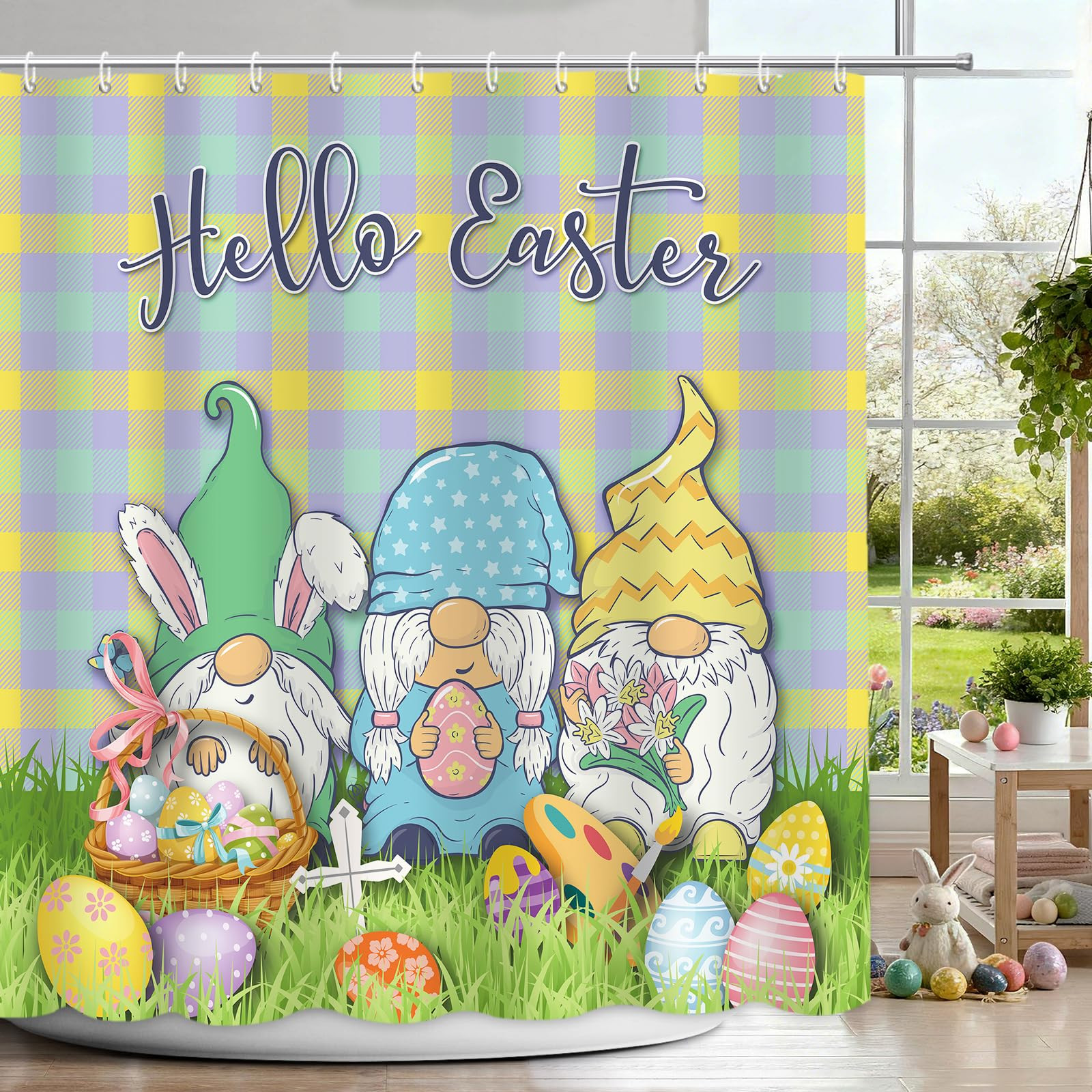 Funny Easter Shower Curtain for Bathroom Decorations Spring Gnomes Rabbit Eggs Checkered Patterns... | Amazon (US)
