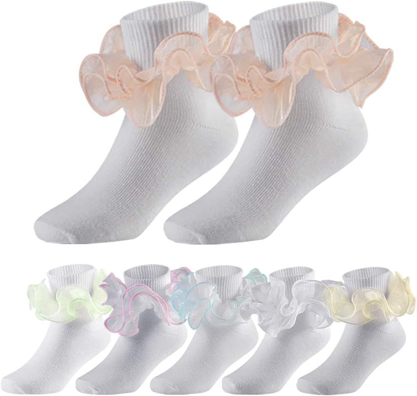 6 Pairs Double Ruffle Socks for Girls Cute Big Lace Dress Princess Socks Pageant Ankle Style | Amazon (US)