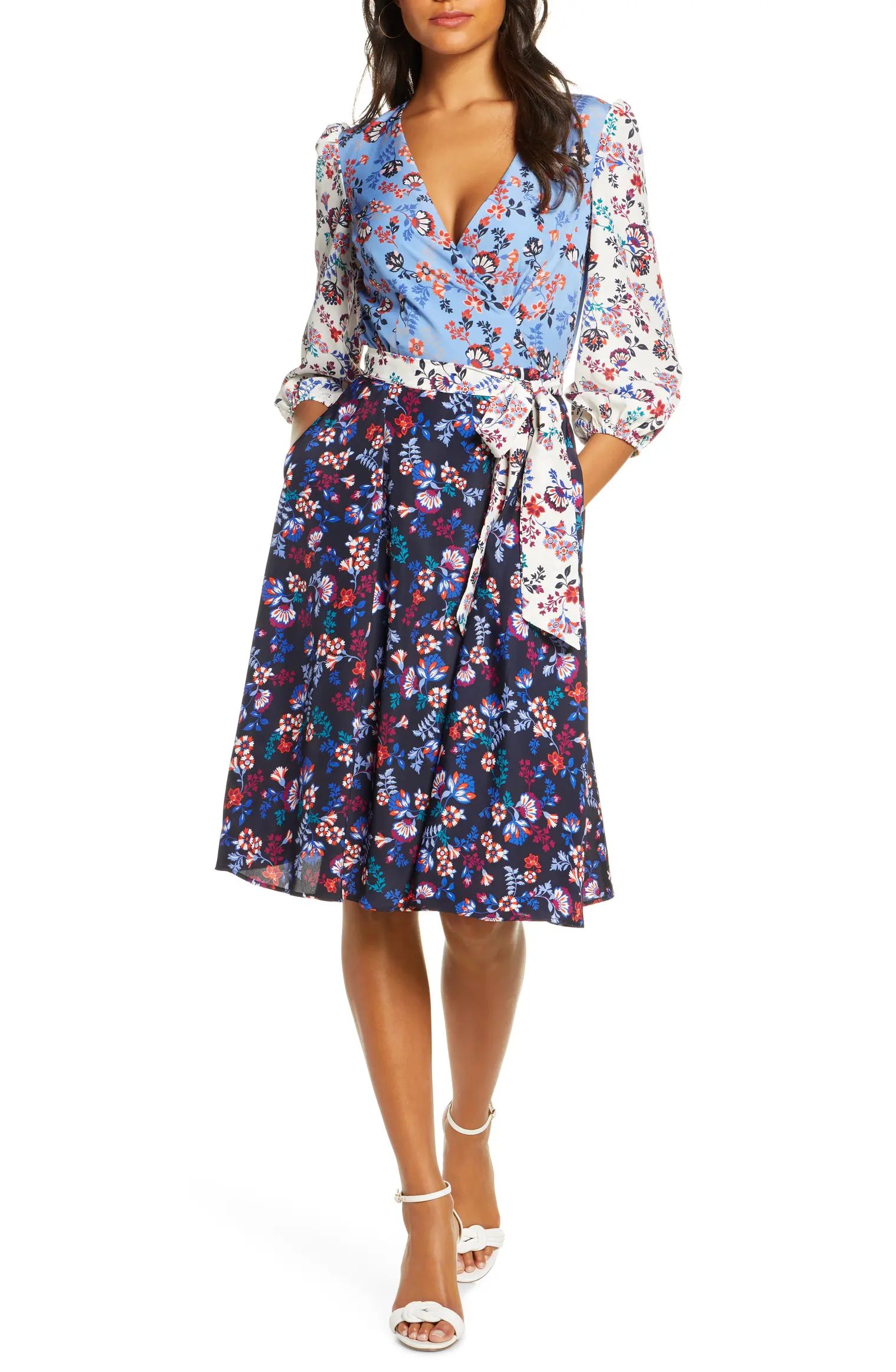 Colorblock Floral Faux Wrap Dress | Nordstrom