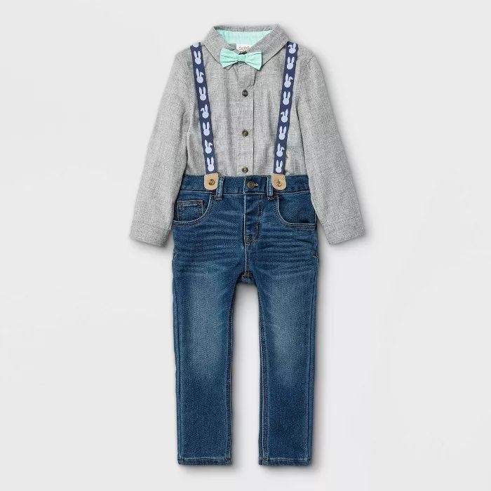 Toddler Boys' 3pc Easter Woven Long Sleeve Shirt & Denim Suspender Set with Bow Tie - Cat & Jack... | Target