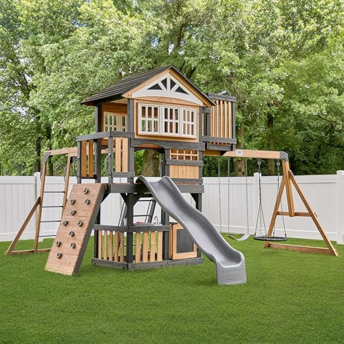 Backyard Discovery Rosewood Falls Cedar Wood Swing Set with Monkey Bars, Clubhouse, Crow's Nest, Play Kitchen, Wave Slide, Rock Wall, Belt Swings, Web Swing, Half Door, Chalkboard, Outdoor Playset | Amazon (US)