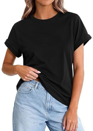 PRETTYGARDEN Womens Summer Tops 2026 Spring Casual Rolled Short Sleeve Basic Tees Crew Neck Work Shirts Fashion Clothing (Black,XX-Large) | Amazon (US)