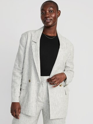 Striped Double-Breasted Linen-Blend Blazer for Women | Old Navy (US)
