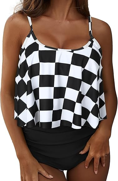 Buauty Tankini Swimsuits Ruffled Tank Top Tummy Control Floral Modest Swimwear Black Checkered XL | Amazon (US)