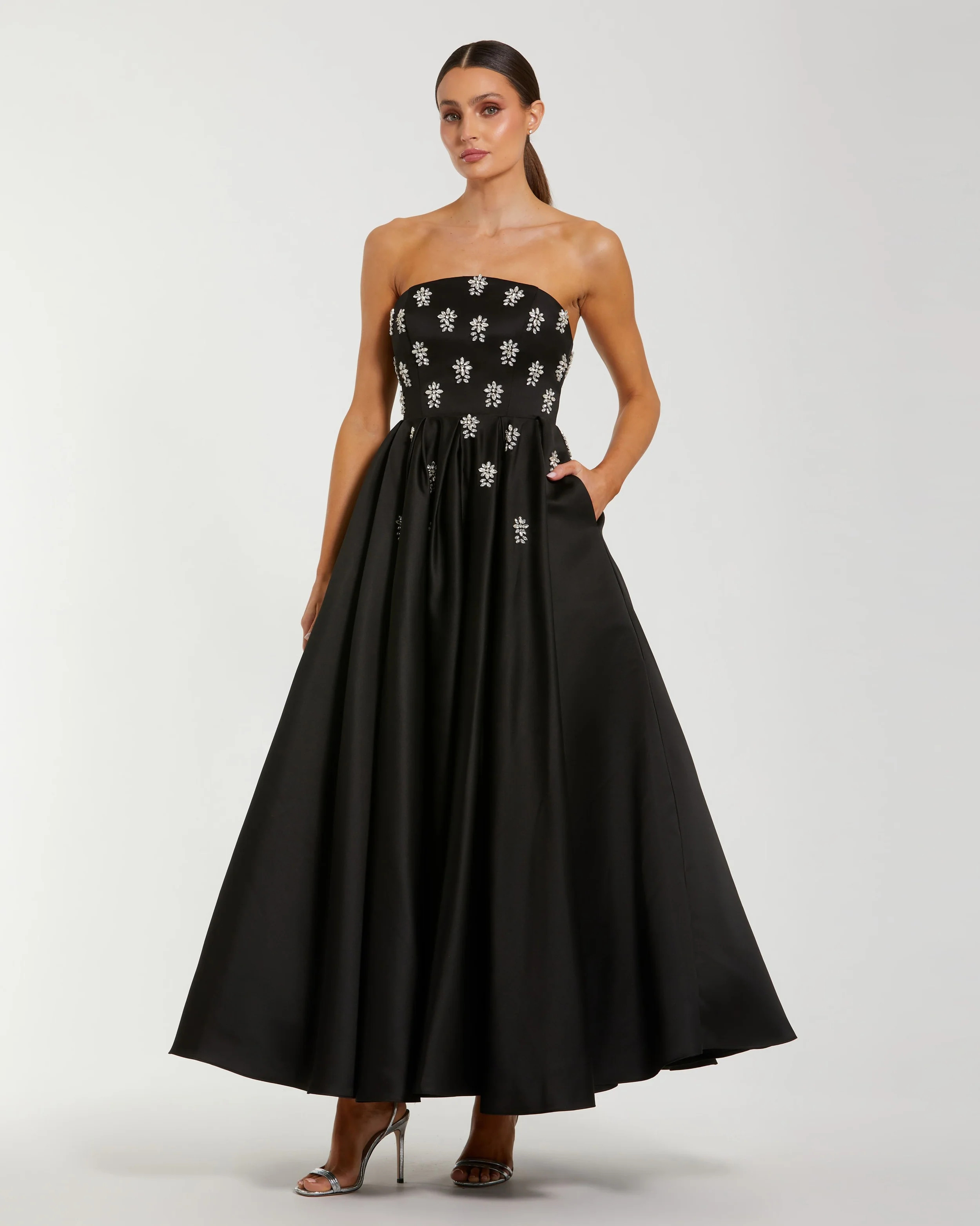 Black Crystal Embellished Strapless Satin A-Line Dress | Mac Duggal | Mac Duggal