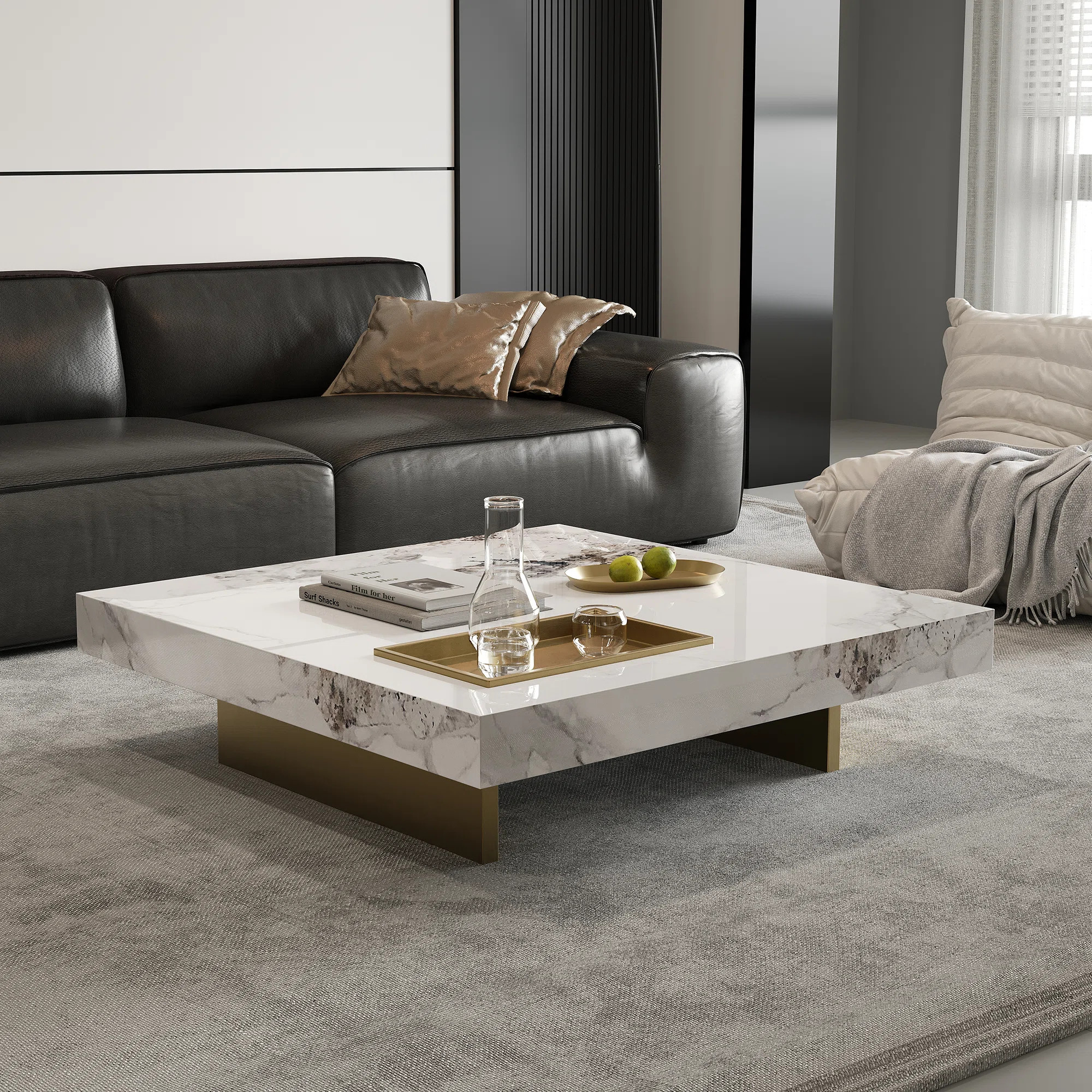 42“ Square Coffee Table with Glossy Sintered Stone Table-top, Modern Coffee table with Stainles... | Wayfair North America