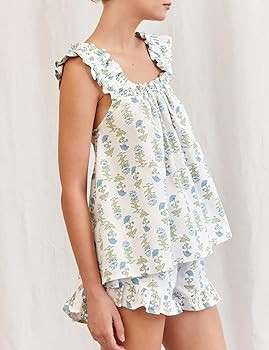 Wyeysyt Womens Floral Pajama Sets Ruffle Trim Cami Top and Shorts 2 Piece Sleepwear Set Pjs(Blue-... | Amazon (US)