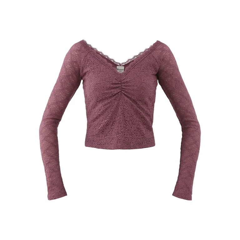 No Boundaries Lace V-Neck Top with Long Sleeves, Women’s | Walmart (US)