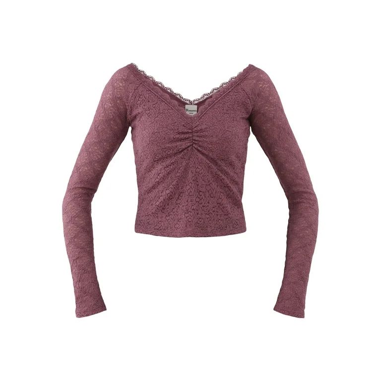 No Boundaries Lace V-Neck Top with Long Sleeves, Women’s - Walmart.com | Walmart (US)