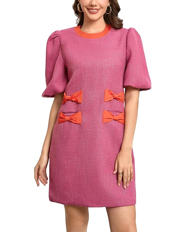 Ladyful Women's Tweed Mini Bow Dress Puff Sleeve Elegant Work Business Formal Dress | Amazon (US)