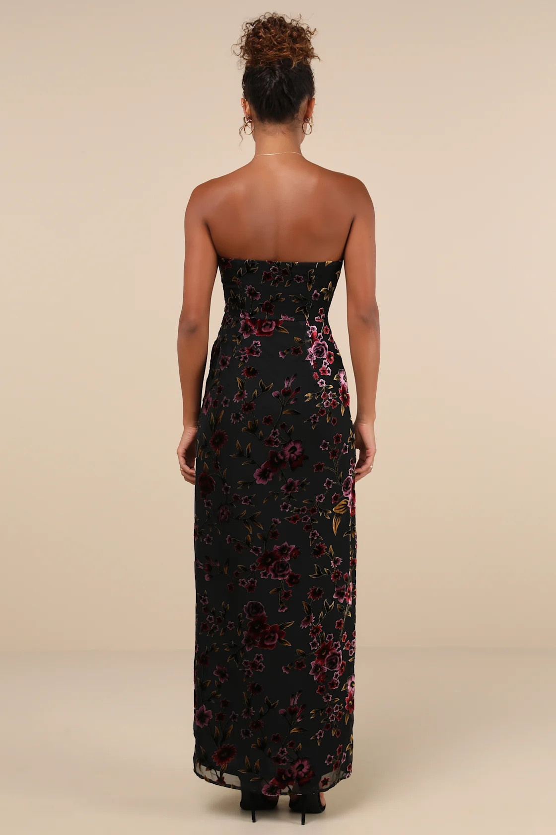 Alluring Figure Black Floral Velvet Burnout Strapless Maxi Dress | Lulus