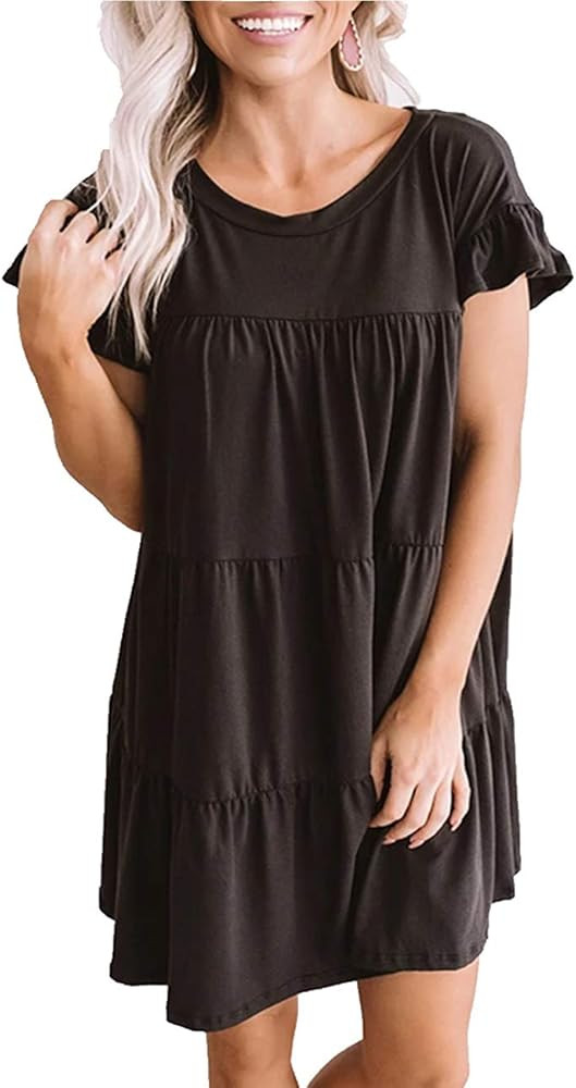 Remidoo Womens Babydoll Tiered Mini Dress Round Neck Short Sleeve Ruffle Pleated Swing... | Amazon (US)