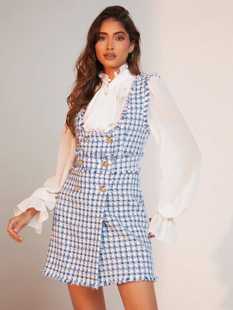 SHEIN BIZwear Plaid Print Raw Trim Tweed Dress Without Blouse | SHEIN