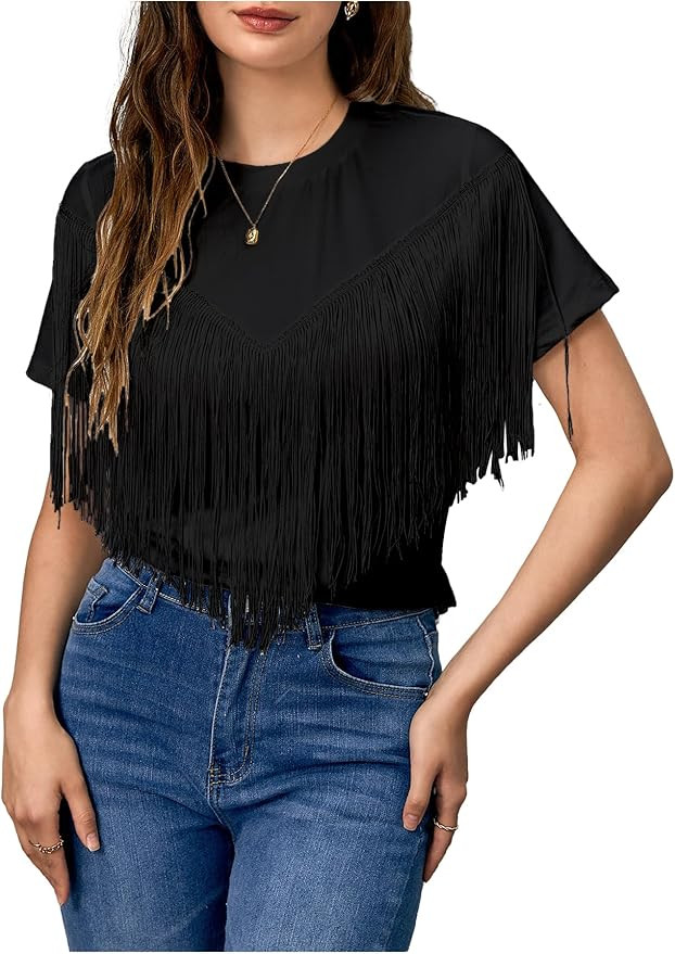 Verdusa Women's Short Sleeve Fringe Tops Tassel Trim Cowgirl Shirts Western Outfits | Amazon (US)