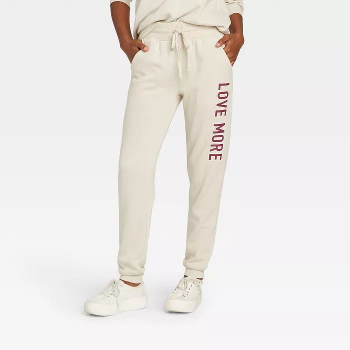 Women's Love More Graphic Jogger Pants - Cream | Target