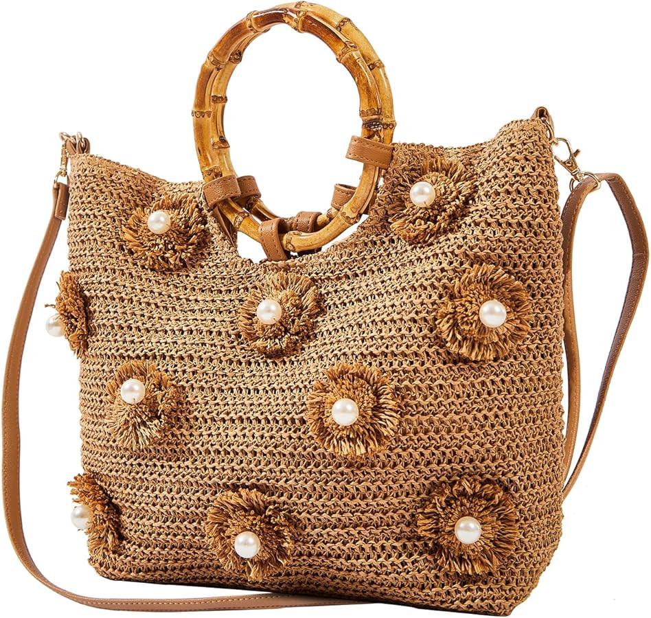 Flower Pearls Rattan Tote Bag Summer Beach Drawstring Straw Bucket Bag Diamonds Woven Handbag | Amazon (US)