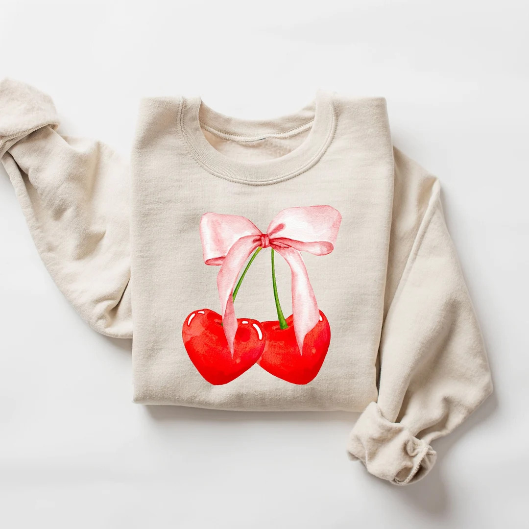 Cherry Sweater, Valentine's Day Sweatshirt, Cherry Coquette Sweat, Cute Hearts and Bow Sweatshirt... | Etsy (US)